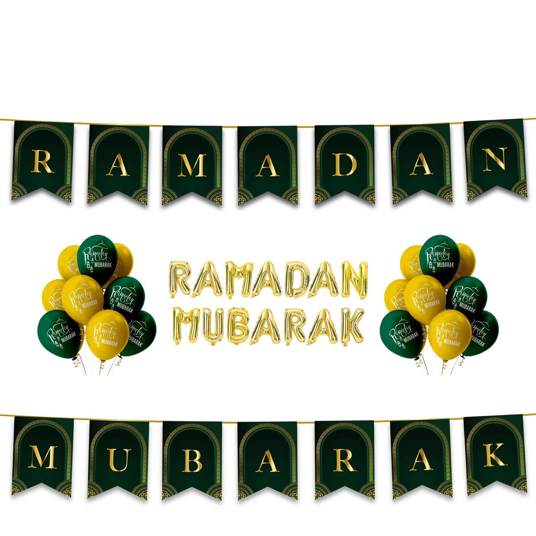 Ramadan Mubarak 38 pc Decoration Set - Green & Gold Letters