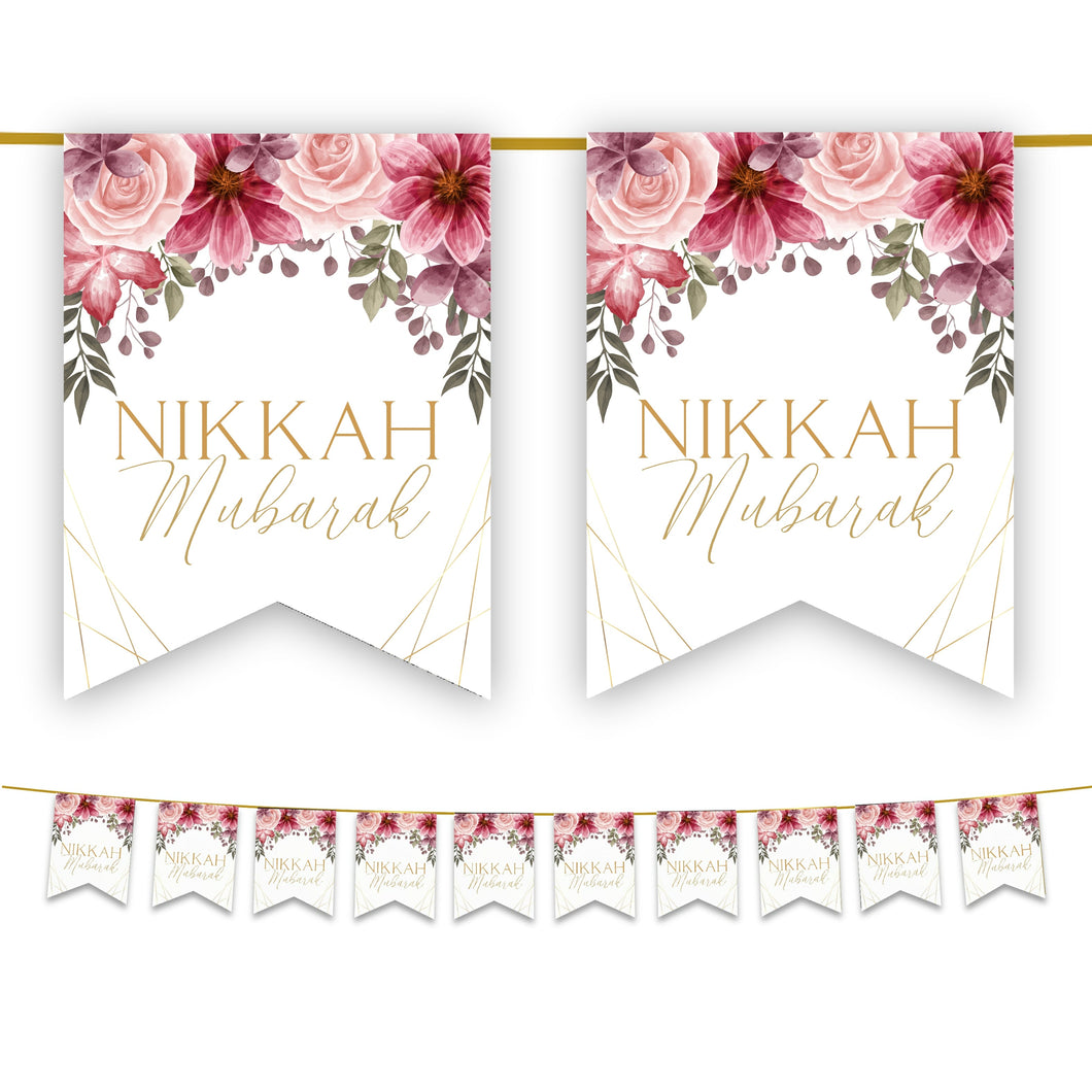Nikkah Mubarak Bunting - White & Pink Floral Islamic Wedding Decoration