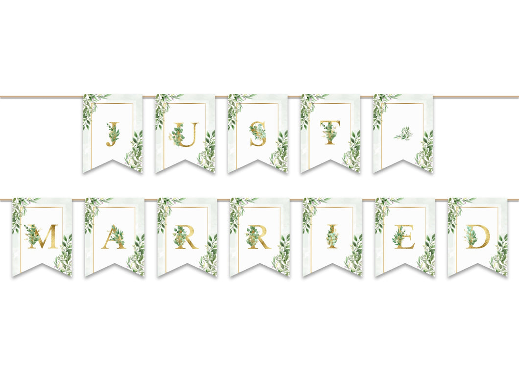 Just Married Bunting Green & Gold Floral Wedding Decoration