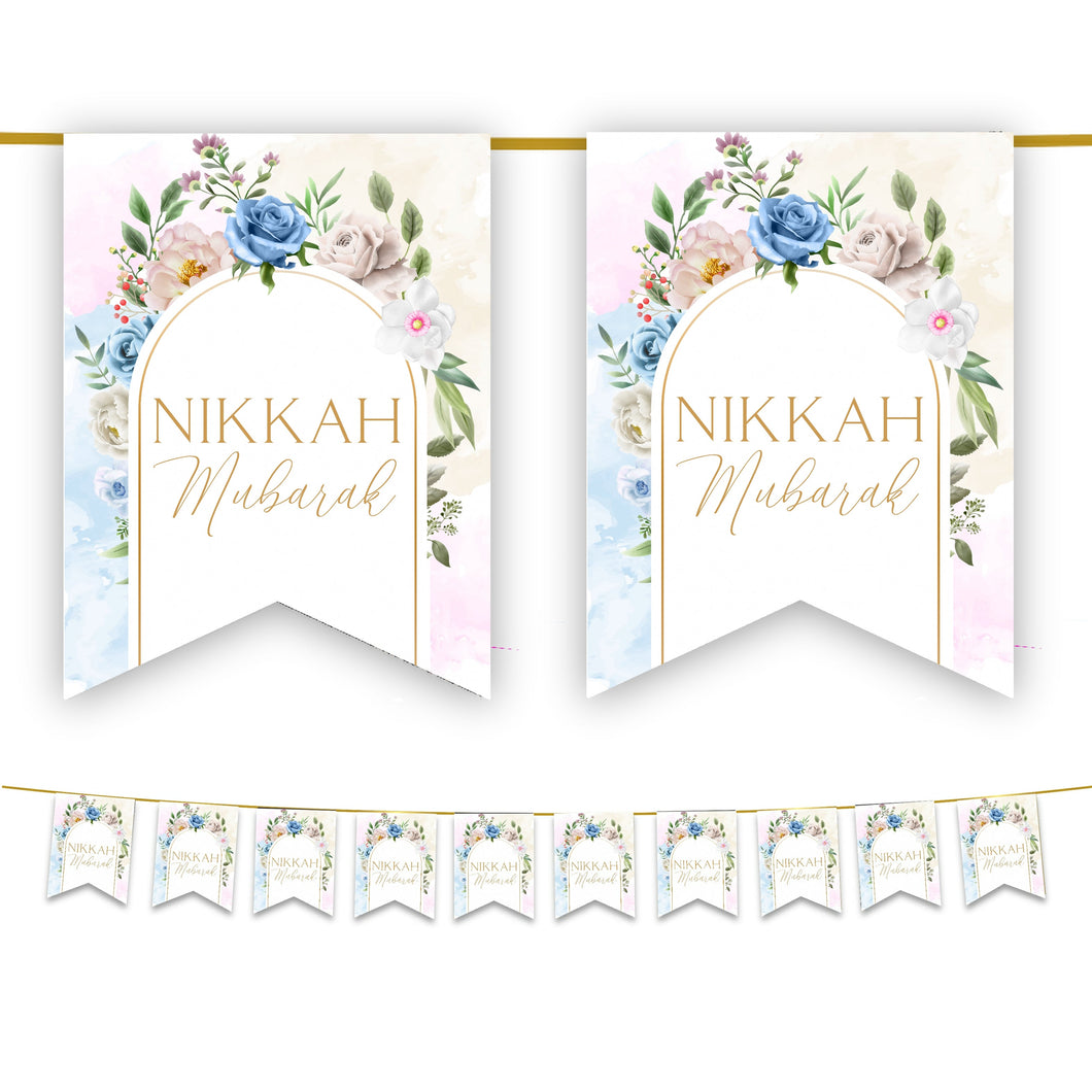 Nikkah Mubarak Bunting - Pink Floral Watercolour Islamic Wedding Decoration