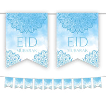 Load image into Gallery viewer, Eid Mubarak Bunting - Blue &amp; White Watercolour Flags Decoration

